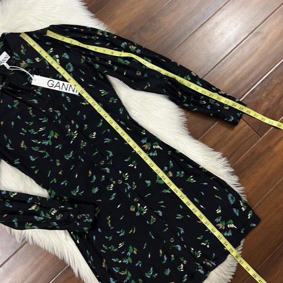 Ganni Women's Size 34 / US 2 Verdant Green Floral Printed Crepe Shirt‎ Dress - Picture 4 of 12